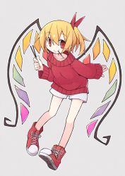 Rule 34 | 1girl, alternate costume, asameshi, blonde hair, blush stickers, commentary, contemporary, cross-laced footwear, crystal, flandre scarlet, food, food in mouth, full body, grey background, hair ribbon, high tops, holding, holding food, leaning forward, long sleeves, pocky, pocky day, pointy ears, raised eyebrows, red eyes, red footwear, red ribbon, red sweater, ribbon, shoes, short hair, shorts, side ponytail, simple background, smile, sneakers, solo, sweater, touhou, white shorts, wings