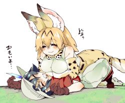 Rule 34 | 10s, 2girls, absurdres, animal ears, black hair, bow, bowtie, bucket hat, commentary request, hair between eyes, hat, hat feather, high-waist skirt, highres, kaban (kemono friends), kemono friends, multiple girls, red shirt, serval (kemono friends), serval print, serval tail, shigurio, shirt, short hair, shorts, sitting, sitting on person, skirt, sleeveless, sleeveless shirt, striped tail, tail, translated, wavy hair
