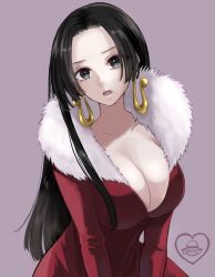 Rule 34 | 1girl, black eyes, black hair, boa hancock, breasts, brown background, cleavage, coat, collarbone, earrings, fur-trimmed coat, fur trim, ginshima jill, highres, jewelry, large breasts, long hair, one piece, open mouth, parted bangs, red coat, simple background, snake earrings, solo, upper body