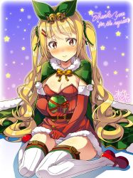 Rule 34 | apple, azur lane, blonde hair, blush, bow, cape, christmas, commission, dress, food, fruit, green bow, green cape, hair ornament, holding, holding food, jenkins (azur lane), jenkins (light of the holiest star) (azur lane), macaroni hourensou, panties, red dress, red footwear, skeb commission, solo, thighhighs, thighs, underwear, wavy hair, wrapped