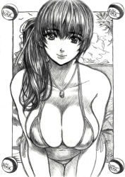Rule 34 | 1girl, ball, beachball, bikini, breasts, cleavage, dead or alive, female focus, greyscale, hair ribbon, jewelry, kasumi (doa), large breasts, lips, long hair, looking at viewer, monochrome, navel, necklace, ribbon, side-tie bikini bottom, side ponytail, skidrow, smile, solo, swimsuit, thighs