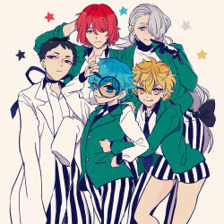Rule 34 | 5boys, :&lt;, :p, arm on own head, ashikaga hyouta, bishounen, bishounen series, black eyes, black gloves, black hair, blonde hair, blue eyes, blue hair, bow, collared shirt, commentary, formal, frown, fukuroi mitsuru, gloves, green suit, green vest, grey eyes, grey hair, hair between eyes, hair bow, hair over one eye, hatch (8cco), highres, holding, holding magnifying glass, hug, light frown, light smile, long hair, long sleeves, looking at viewer, looking to the side, low-tied long hair, magnifying glass, male focus, multiple boys, necktie, pants, ponytail, red eyes, red hair, sakiguchi nagahiro, shirt, short hair, shorts, simple background, smile, soutouin manabu, star (symbol), striped clothes, suit, thighs, tongue, tongue out, upper body, very long sleeves, vest, white background, white shirt, yellow eyes, yubiwa sousaku