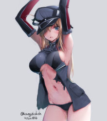 Rule 34 | 1girl, bismarck (kancolle), black panties, blonde hair, blue eyes, breasts, cleavage, commentary request, cowboy shot, detached sleeves, dress, grey dress, hair over one eye, hat, highres, kangoku kou, kantai collection, large breasts, looking at viewer, military, military hat, military uniform, panties, peaked cap, solo, torn clothes, underwear, uniform