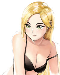 Rule 34 | 1girl, azelweien, bare shoulders, black bra, blonde hair, blush, bra, breasts, cleavage, collarbone, commentary, english commentary, green eyes, highres, jurassic cops, light blush, long hair, looking at viewer, medium breasts, parted lips, sarah (jurassic cops), solo, underwear, underwear only, upper body