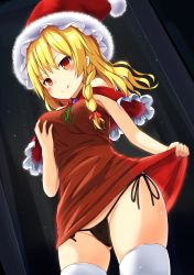 Rule 34 | 1girl, alternate costume, bare arms, black panties, blonde hair, bluekalmia, bow, braid, breasts, capelet, closed mouth, dress, grabbing own breast, hair bow, hat, highres, kirisame marisa, licking lips, long hair, looking at viewer, medium breasts, panties, red bow, red dress, red eyes, red hat, santa costume, santa hat, short dress, side-tie panties, side braid, smile, solo, standing, thighhighs, tongue, tongue out, touhou, underwear, white thighhighs