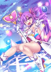 Rule 34 | 1girl, aisha landar, armpits, bad id, bad pixiv id, bare shoulders, blush, bubble, dimension witch (elsword), elsword, gloves, haiumore, magic circle, magical girl, sky, smile, staff, star (symbol), thighs, twintails