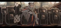 Rule 34 | 1girl, 6+others, ambiguous gender, arknights, ballistic shield, belt, black choker, black skirt, blouse, building, chest strap, choker, closed mouth, commentary, day, dragon horns, dust, earrings, feet out of frame, frown, high-waist skirt, highres, holding, holding shield, holding weapon, horns, id card, jewelry, kinsuke z, letterboxed, long hair, long skirt, long sleeves, looking ahead, multiple girls, multiple others, orange eyes, outdoors, power lines, riot shield, saria (arknights), shield, shirt, silver hair, skirt, solo focus, stud earrings, syringe gun, weapon, white shirt