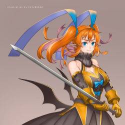Rule 34 | 1girl, artist name, bare shoulders, blue bow, blue eyes, bow, breasts, brown dress, cleavage, closed mouth, dress, elbow gloves, gloves, grey background, holding, holding sword, holding weapon, large breasts, looking at viewer, low wings, nagi itsuki, orange gloves, orange hair, original, pointy ears, smile, solo, standing, sword, twintails, weapon, wings