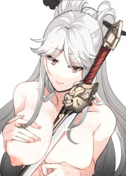 Rule 34 | 1girl, between breasts, breasts, closed mouth, collarbone, completely nude, genshin impact, hair ornament, hairpin, hand on own chest, hinagi (fox priest), large breasts, long hair, looking at viewer, ningguang (genshin impact), nipples, nude, parted bangs, red eyes, sidelocks, simple background, smile, solo, sparkle, sword, weapon, white background, white hair