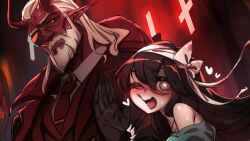 Rule 34 | 1boy, 1girl, black hair, breasts, business suit, collaboration, collar, collared shirt, colored skin, cross, demon, energy barrier, ermao wu, formal, glasses, gloves, heart, hell, holding, horns, hug, inverted cross, large breasts, long hair, merryweather, necktie, open mouth, original, pentagram, red necktie, red skin, satan (mythology), shirt, suit, sweat, symbol-shaped pupils, white collar, white hair