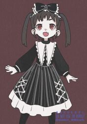 Rule 34 | 1girl, :d, alternate costume, black bow, black dress, black hair, black hairband, bow, brown background, collared dress, commentary request, cotton 1186, dress, fang, frilled dress, frills, gothic lolita, hachikuji mayoi, hair bow, hairband, highres, lolita fashion, long hair, long sleeves, looking at viewer, monogatari (series), open mouth, puffy long sleeves, puffy sleeves, red eyes, skin fang, smile, solo, standing, twintails