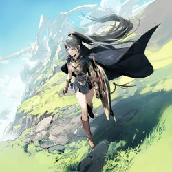 Rule 34 | 1girl, absurdres, armor, blue sky, boots, breasts, brown footwear, brown gloves, cape, cleavage, closed mouth, cloud, cloudy sky, collar, day, gloves, grass, green eyes, grey hair, hair ornament, high ponytail, highres, hirooka masaki, landscape, light, long hair, looking away, looking to the side, original, outdoors, ponytail, scenery, sheath, sheathed, shield, single sleeve, sky, solo, sunlight, very long hair, walking, weapon, wide shot