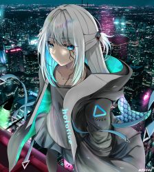Rule 34 | 1girl, artist name, black jacket, black pantyhose, black shirt, black skirt, blue eyes, blue hair, building, city, cityscape, commentary, cyberpunk, english commentary, fins, fish tail, gawr gura, hair ornament, hand in pocket, highres, hololive, hololive english, jacket, looking at viewer, mechanical tail, medium hair, mouchu, multicolored hair, pantyhose, shark girl, shark hair ornament, shark tail, shirt, short twintails, skirt, streaked hair, tail, twintails, virtual youtuber, white hair