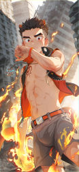 Rule 34 | 1boy, abs, absurdres, aged down, areola slip, battle, beitemian, belt buckle, bishounen, blue sky, brown hair, buckle, building, chest tattoo, city, cityscape, commentary request, destruction, dutch angle, fire, highres, looking at hand, male focus, muscular, muscular child, navel, original, outdoors, red eyes, rubble, short hair, shorts, sky, skyscraper, solo, tattoo, topless male, vest