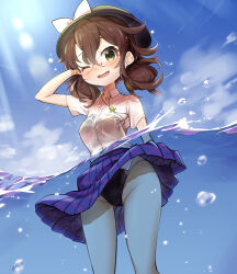 Rule 34 | breasts, brown hair, bubble, clear sky, feet out of frame, futa (nabezoko), glasses, hat, low twintails, one-piece swimsuit, partially submerged, purple skirt, quimbaya airplane, school uniform, see-through, shirt, short sleeves, short twintails, skirt, sky, small breasts, swimsuit, swimsuit under clothes, touhou, twintails, usami sumireko, water, wet, wet clothes, wet shirt