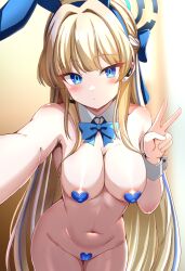 Rule 34 | 1girl, animal ears, blonde hair, blue archive, blue bow, blue bowtie, blue eyes, blue hair, blue halo, blush, bow, bowtie, breasts, commentary request, detached collar, fake animal ears, halo, heart pasties, leon no neko, long hair, looking at viewer, medium breasts, multicolored hair, nude, pasties, rabbit ears, selfie, solo, toki (blue archive), toki (bunny) (blue archive), two-tone hair, v