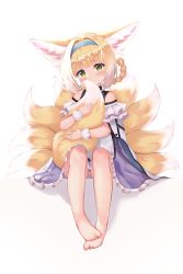 Rule 34 | 1girl, absurdres, animal ear fluff, animal ears, aqua hairband, arknights, bare legs, barefoot, bitseon, blue hairband, fox ears, fox girl, fox tail, green eyes, hair rings, hairband, highres, hugging another&#039;s tail, hugging tail, infection monitor (arknights), kitsune, kyuubi, looking at viewer, multiple tails, no shoes, single wrist cuff, suzuran (arknights), tail, toes, wrist cuffs