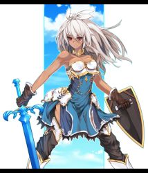Rule 34 | &gt;:(, 10s, 1girl, armor, armored boots, armored dress, bare arms, black thighhighs, blue dress, blue sky, boots, breasts, brown gloves, cleavage, cloud, collarbone, cowboy shot, dark-skinned female, dark skin, day, dress, eyes visible through hair, frown, gloves, granblue fantasy, hair between eyes, holding, holding sword, holding weapon, jewelry, letterboxed, long hair, medium breasts, miranko, neck ring, outline, red eyes, shield, short dress, sky, solo, strapless, strapless dress, sword, thighhighs, v-shaped eyebrows, weapon, white hair, zettai ryouiki, zooey (granblue fantasy)