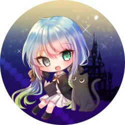 Rule 34 | 1girl, 723/nanahumi, :d, animal, bad id, bad pixiv id, black cat, black jacket, black ribbon, black socks, blue hair, book, brown footwear, brown neckerchief, brown ribbon, cat, chibi, commentary, dress, gradient hair, green eyes, green hair, grey eyes, hair ribbon, heterochromia, holding, holding book, jacket, low twintails, multicolored hair, neckerchief, open book, open mouth, original, pleated dress, ribbon, sailor collar, sailor dress, smile, socks, solo, twintails, white dress, white sailor collar
