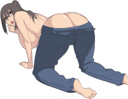 Rule 34 | 1girl, ass, barefoot, bent over, breasts, brown eyes, brown hair, butt crack, clothes pull, denim, feet, foot focus, glasses, hidarikiki, huge ass, huge breasts, jeans, large breasts, long hair, looking at viewer, looking back, open mouth, original, pants, pants pull, ponytail, soles, solo, toes, tomboy, topless