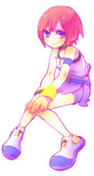 Rule 34 | 1girl, armband, bare shoulders, belt, belt buckle, black choker, blue belt, buckle, choker, closed mouth, hair between eyes, hands on own knees, jewelry, kairi (kingdom hearts), kingdom hearts, kingdom hearts i, knees together feet apart, kouki (ko ki 9), looking at viewer, miniskirt, necklace, purple eyes, purple skirt, red hair, shirt, shoes, short hair, simple background, sitting, skirt, smile, solo, tank top, white background, white shirt, wristband