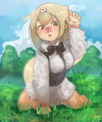 Rule 34 | 10s, 1girl, absurdres, anteater tail, blonde hair, blue sky, bow, bowtie, brown eyes, bug, butterfly, butterfly on nose, cloud, commentary request, day, fur collar, grass, hairband, hand up, highres, insect, kajitsu ohima, kemono friends, open mouth, outdoors, short hair, silky anteater (kemono friends), sky, solo