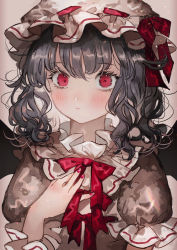 Rule 34 | 1girl, bat wings, blue hair, blush, bow, bowtie, closed mouth, commentary request, dress, expressionless, grey background, hand on own chest, hand up, hat, highres, looking at viewer, majamari, medium hair, mob cap, nail polish, puffy short sleeves, puffy sleeves, red bow, red bowtie, red eyes, red nails, remilia scarlet, short sleeves, simple background, solo, touhou, upper body, wavy hair, white dress, white hat, wings