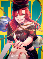 Rule 34 | 1girl, black choker, black shirt, breasts, chain, choker, clothes writing, collarbone, commentary request, cowboy shot, earrings, earth (ornament), english text, gold chain, hair between eyes, hecatia lapislazuli, jewelry, knees, lips, looking at viewer, lower teeth only, medium breasts, medium hair, midriff, moon (ornament), multicolored clothes, multicolored skirt, nail polish, off-shoulder shirt, off shoulder, one eye closed, open mouth, pointing, pointing at viewer, raya (uk 0128), red eyes, red hair, red nails, shirt, short sleeves, sitting, skirt, solo, teeth, touhou, twitter username, upper body, yellow background