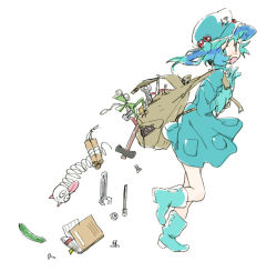 Rule 34 | 1girl, backpack, bag, blue dress, blue footwear, blue gloves, blue hair, blue hat, book, boots, cucumber, dress, dynamite, explosive, food, gloves, hair bobbles, hair ornament, hammer, hat, kawashiro nitori, mokeo, open mouth, rubber boots, screw, simple background, solo, touhou, two side up, vegetable, white background, wrench