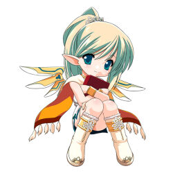 Rule 34 | 1girl, 2000s (style), blue eyes, blue wings, book, hugging book, boots, bracer, chibi, closed mouth, dress, eiry, eyes visible through hair, full body, fur-trimmed boots, fur trim, holding, holding book, jewelry, knee boots, knees together feet apart, light green hair, long hair, looking at viewer, mabinogi, multicolored wings, neck ring, hugging object, pointy ears, ponytail, shinjou satomi, short dress, side slit, simple background, smile, solo, split mouth, tassel, tiara, white background, white dress, white footwear, white wings, wings, yellow wings