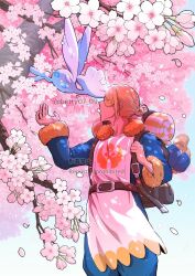 Rule 34 | 1boy, arm up, artist name, backpack, bag, belt, betty07 09, blonde hair, cherry blossoms, closed eyes, colored skin, commentary request, creatures (company), feet out of frame, floating, flower, game freak, gen 4 pokemon, hat, highres, kiss, kissing forehead, nintendo, pink flower, pokemon, pokemon (creature), pokemon legends: arceus, solo, standing, togekiss, twitter username, unworn hat, unworn headwear, volo (pokemon), watermark, white skin, wings
