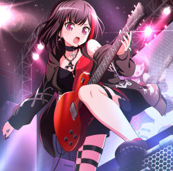 Rule 34 | 1girl, :o, bad id, bad pixiv id, bang dream!, black choker, black footwear, black hair, black jacket, cable, chain, chain necklace, choker, diffraction spikes, drawstring, earrings, electric guitar, guitar, highres, holding, holding instrument, hood, hooded jacket, instrument, jacket, jewelry, keita (kta0), mitake ran, multicolored hair, music, necklace, off shoulder, pendant, playing instrument, plectrum, purple eyes, red hair, screen, shoes, short hair, shorts, side slit, solo, speaker, stage, stage lights, standing on object, thigh strap, v-shaped eyebrows