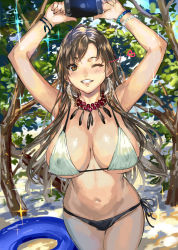 Rule 34 | 1girl, arms up, bikini, bracelet, breasts, brown eyes, brown hair, cellphone, covered erect nipples, earrings, female focus, grin, holding, innertube, jewelry, large breasts, long hair, looking at viewer, navel, necklace, one eye closed, original, phone, ran&#039;ou (tamago no kimi), side-tie bikini bottom, smile, solo, swim ring, swimsuit, taking picture, tree