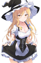 Rule 34 | 1girl, black dress, black hat, blonde hair, blush, braid, breasts, cleavage, closed mouth, clothes lift, cowboy shot, dress, dress lift, e.o., hat, highres, kirisame marisa, lifted by self, long hair, medium breasts, puffy short sleeves, puffy sleeves, short sleeves, simple background, single braid, solo, touhou, white background, witch hat, wrist cuffs, yellow eyes
