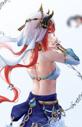 Rule 34 | 1girl, absurdres, back tattoo, bare back, blue gemstone, bracer, breasts, circlet, closed mouth, crop top, detached sleeves, floating hair, from behind, gem, genshin impact, gold trim, hands up, harem outfit, highres, horns, jewelry, long hair, long sleeves, looking at viewer, looking back, low twintails, neck ring, nilou (genshin impact), profile, puffy long sleeves, puffy sleeves, red hair, ressec, sidelocks, simple background, skirt, small breasts, tattoo, twintails, veil, vision (genshin impact), water, wet, white background, white headwear, white sleeves, x arms