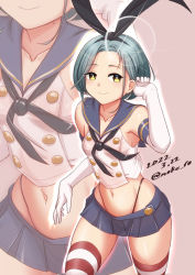 Rule 34 | 1girl, black hairband, black neckerchief, black panties, blue skirt, breasts, cosplay, crop top, elbow gloves, forehead, gloves, grey hair, hairband, highleg, highleg panties, kantai collection, microskirt, moke ro, mole, mole on neck, navel, neckerchief, panties, pleated skirt, sailor collar, shimakaze (kancolle), shimakaze (kancolle) (cosplay), short hair, skirt, small breasts, striped clothes, striped thighhighs, swept bangs, tamanami (kancolle), thighhighs, thong, underwear, white gloves, yellow eyes, zoom layer