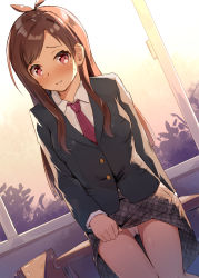 Rule 34 | 1girl, black jacket, blazer, blush, brown hair, cameltoe, chair, closed mouth, clothes lift, collared shirt, commentary request, desk, grey skirt, highres, idolmaster, idolmaster cinderella girls, indoors, jacket, lifted by self, necktie, nose blush, panties, plaid, plaid skirt, red eyes, red necktie, school chair, school desk, school uniform, seneto, shirt, skirt, skirt lift, solo, swept bangs, thigh gap, tsujino akari, underwear, wavy mouth, white panties, white shirt, window