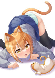 Rule 34 | 1girl, 7fuji 06, animal, animal ears, ass, blush, cat, cat ears, cat girl, cat tail, fang, highres, long sleeves, multicolored hair, open mouth, orange hair, original, panties, paw pose, skirt, solo, streaked hair, tail, thighhighs, top-down bottom-up, underwear, yellow eyes