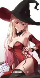 Rule 34 | 1girl, armpits, bare shoulders, black hat, black thighhighs, blonde hair, breasts, brooch, cccc2445, cleavage, commission, detached collar, detached sleeves, dress, gem, gradient hair, grin, hat, highres, jewelry, long hair, looking at viewer, medium breasts, multicolored hair, no panties, original, pointy ears, red dress, red eyes, red gemstone, revealing clothes, side-tie dress, simple background, sitting, smile, solo, strapless, strapless dress, thighhighs, thighs, white background, wide sleeves, witch hat, yokozuwari