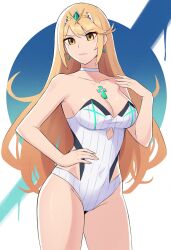 Rule 34 | 1girl, bare arms, bare shoulders, blonde hair, breasts, brown eyes, choker, cleavage, collarbone, commentary, earrings, edmonmondo, english commentary, groin, hand up, headpiece, highres, jewelry, long hair, medium breasts, mythra (radiant beach) (xenoblade), mythra (xenoblade), one-piece swimsuit, solo, standing, swimsuit, very long hair, white background, white choker, white one-piece swimsuit, xenoblade chronicles (series), xenoblade chronicles 2