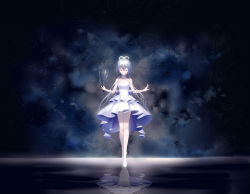 Rule 34 | 1girl, absurdres, breasts, cleavage, day, dress, closed eyes, floating hair, full body, hair between eyes, high heels, highres, holding, long hair, luo tianyi, outdoors, pumps, reflecting pool, reflection, reflective water, short dress, silver hair, sky, sleeveless, sleeveless dress, small breasts, solo, star (sky), starry sky, twintails, very long hair, vocaloid, vocanese, white dress, white footwear, yaduo