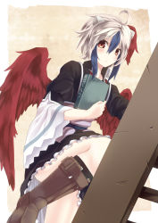 Rule 34 | 1girl, ahoge, bad id, bad pixiv id, blue hair, book, boots, female focus, head wings, highres, horns, looking at viewer, multicolored hair, roten (rotenburo), short hair, silver hair, solo, tokiko (touhou), touhou, two-tone hair, wings