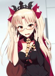 Rule 34 | 1girl, adjusting eyewear, bespectacled, black cape, blonde hair, blurry, breasts, cape, commentary request, depth of field, detached collar, ereshkigal (fate), fate/grand order, fate (series), glasses, highres, kuroshiro (ms-2420), long hair, looking at viewer, medium breasts, multicolored cape, multicolored clothes, open mouth, parted bangs, red-framed eyewear, red cape, red eyes, semi-rimless eyewear, single sleeve, skull, solo, spine, tiara, tohsaka rin, two side up, under-rim eyewear, upper body, wavy mouth