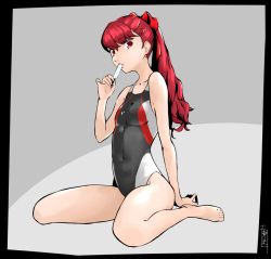 Rule 34 | 1girl, breasts, competition swimsuit, feet, food, hair ornament, ice cream, long hair, looking at viewer, one-piece swimsuit, persona, persona 5, persona 5 the royal, pinky out, ponytail, popsicle, red eyes, red hair, red ribbon, ribbon, sitting, small breasts, solo, swimsuit, thighs, toes, wariza, yagyugoro, yoshizawa kasumi