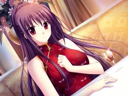 Rule 34 | 1girl, alcohol, atelier kaguya, bare shoulders, blush, breasts, brown hair, china dress, chinese clothes, choco chip, choker, couch, cup, curtains, dress, drink, drinking glass, female focus, flower, game cg, glass, gold, hair between eyes, large breasts, long hair, looking at viewer, patterned clothing, patterned upholstery, plant, prima stella, red dress, red eyes, shadow, smile, solo, table, takasu miyabi, wallpaper, wine, wine glass, wings