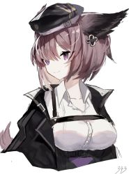 Rule 34 | 1girl, 343 (sashimi), animal ears, arknights, artist name, black hat, black jacket, breasts, collared shirt, cropped torso, dur-nar (arknights), flower, fox ears, fox girl, fox tail, hair flower, hair ornament, hat, jacket, medium breasts, open clothes, open jacket, purple eyes, purple hair, shirt, short hair, simple background, smile, solo, tail, upper body, white background, white shirt
