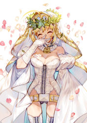 Rule 34 | 10s, 1girl, ^ ^, absurdres, ahoge, arm at side, bare shoulders, belt, belt skirt, blonde hair, bodysuit, breasts, bridal veil, chain, cleavage, closed eyes, commentary request, covering own mouth, cowboy shot, detached collar, detached sleeves, elbow gloves, eyelashes, fate/extra, fate/extra ccc, fate (series), flower, full-length zipper, gloves, green eyes, hair intakes, hand over own mouth, hand up, happy, head tilt, head wreath, highres, laughing, leotard, lock, medium breasts, nero claudius (bride) (fate), nero claudius (bride) (third ascension) (fate), nero claudius (fate), nero claudius (fate) (all), padlock, petals, puffy detached sleeves, puffy sleeves, ribbon trim, rosette (yankaixuan), short hair with long locks, showgirl skirt, sidelocks, simple background, skirt, smile, solo, standing, strapless, strapless leotard, thighhighs, turtleneck, veil, white background, white gloves, white leotard, white thighhighs, wide sleeves, zipper, zipper pull tab
