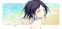 Rule 34 | 1girl, absurdres, bare shoulders, beach, black hair, blue eyes, blurry, blurry background, choker, depth of field, earrings, from side, highres, jewelry, looking at viewer, looking to the side, ocean, original, parted lips, pink lips, ribbon, ribbon choker, smile, sogawa, solo, white choker, white ribbon