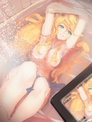 Rule 34 | 1girl, aqua eyes, armpits, arms up, bathtub, blonde hair, blue eyes, breasts, camcorder, dakun, grin, hair censor, hair over breasts, in water, long hair, looking at viewer, original, partially submerged, pov, recording, skirt, smile, solo, topless, video camera, water