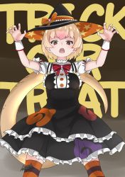 Rule 34 | 1girl, absurdres, anteater tail, arms up, blonde hair, brown eyes, claw pose, commentary, fangs, female focus, frills, halloween costume, hands up, hat, highres, japari symbol print, kemono friends, looking at viewer, open mouth, short hair, short sleeves, silky anteater (kemono friends), solo, star (symbol), star print, striped clothes, striped thighhighs, tail, tanabe (fueisei), thighhighs, trick or treat, witch hat